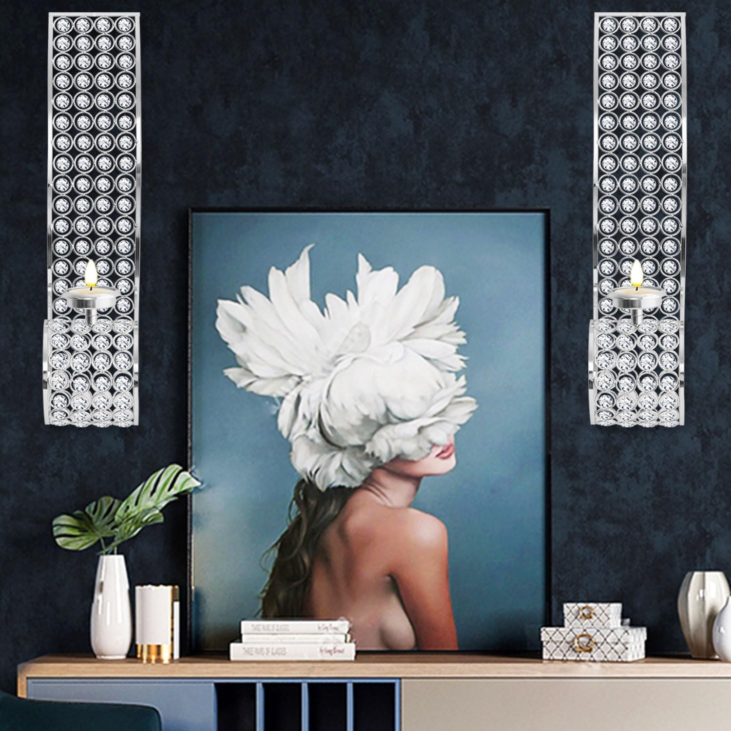 Crystal Candle Sconces for Wall Metal Tealight Candle Holders Silver Wall Decor for Living Dining Room Bedroom Candle Centerpiece, Set of 2