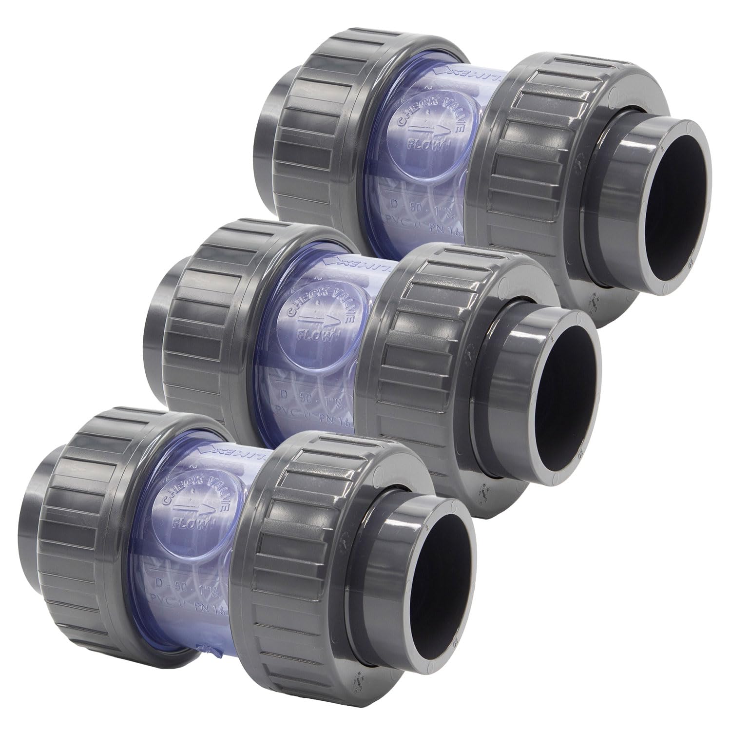 3x PVC Rückschlagventil 50mm federbelastet transparent I 1 1/2 Zoll Pool Kegelrückschlagventil PN16 mit 2 Klebemuffen I Rückflussverhinderer für Poolverrohrung und Teichbau I bm278