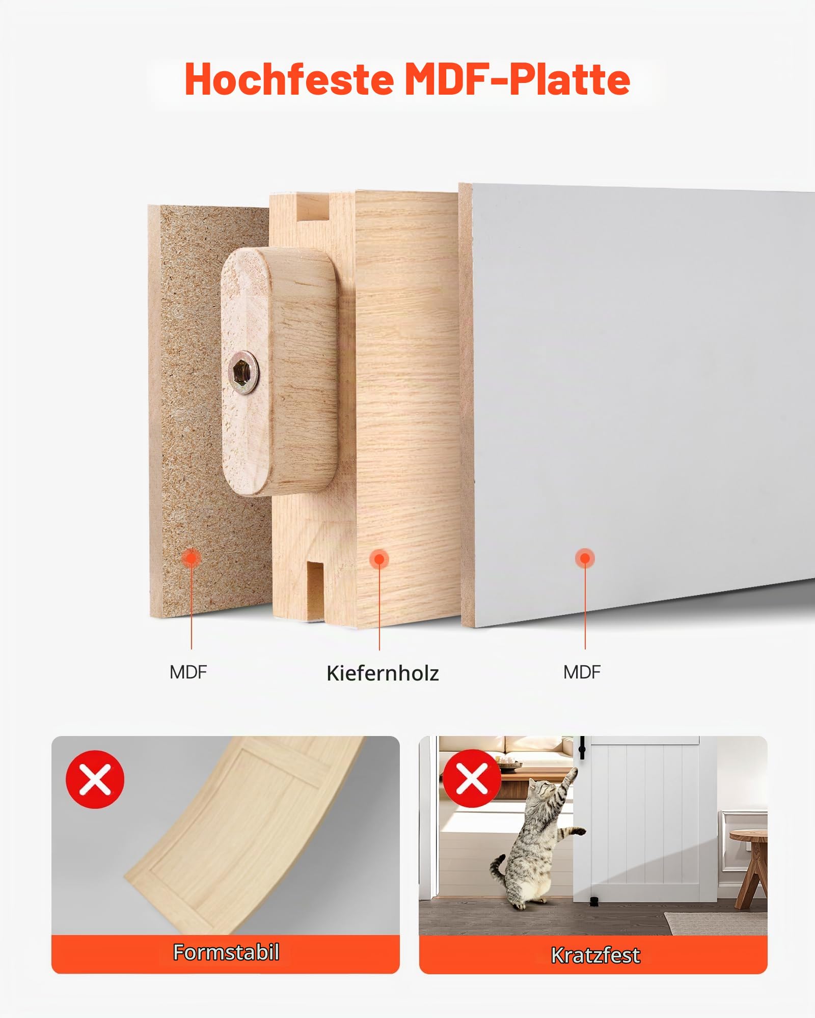 VEVOR Schiebetür im Scheunenstil Schiebetürsystem (914 x 2134 mm) aus hochfesten MDF-Platten, Scheunentor mit Hardware-Kit & wasserfester PVC-Oberfläche & H-Rahmen für Wohnzimmer Badezimmer Weiß