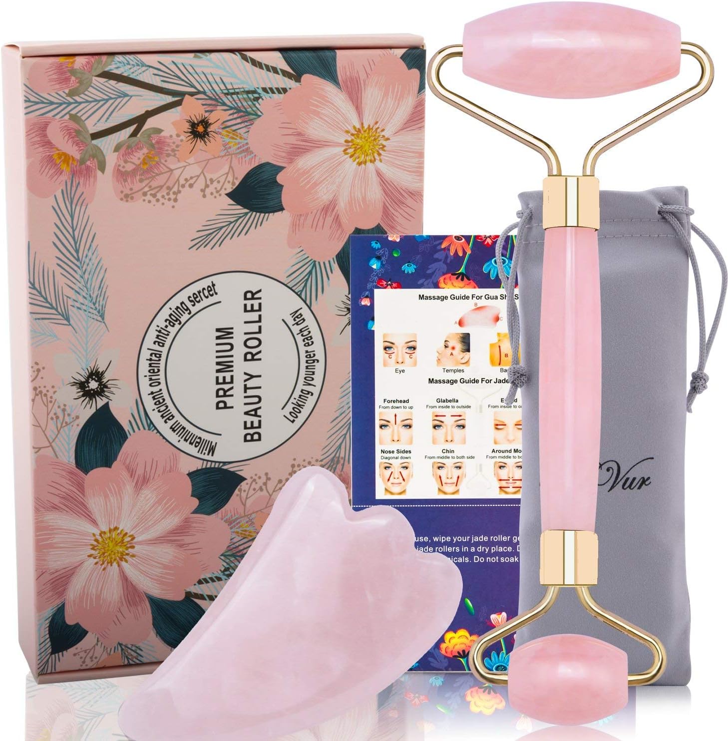 Amazon Premium Rose Quartz roller, デザイン改良 天然ローズクォーツ ローラ ー カッサ 【訳あり商品