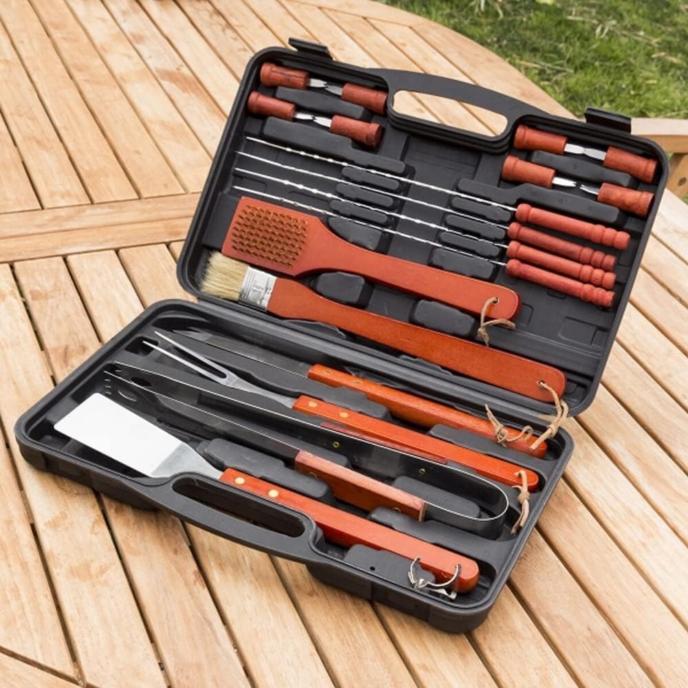 Kit Barbacoa - Juego de utensilios para barbacoa, utensilios de barbacoa, juego de herramientas para viajes, jardín, maletín, acero inoxidable y madera