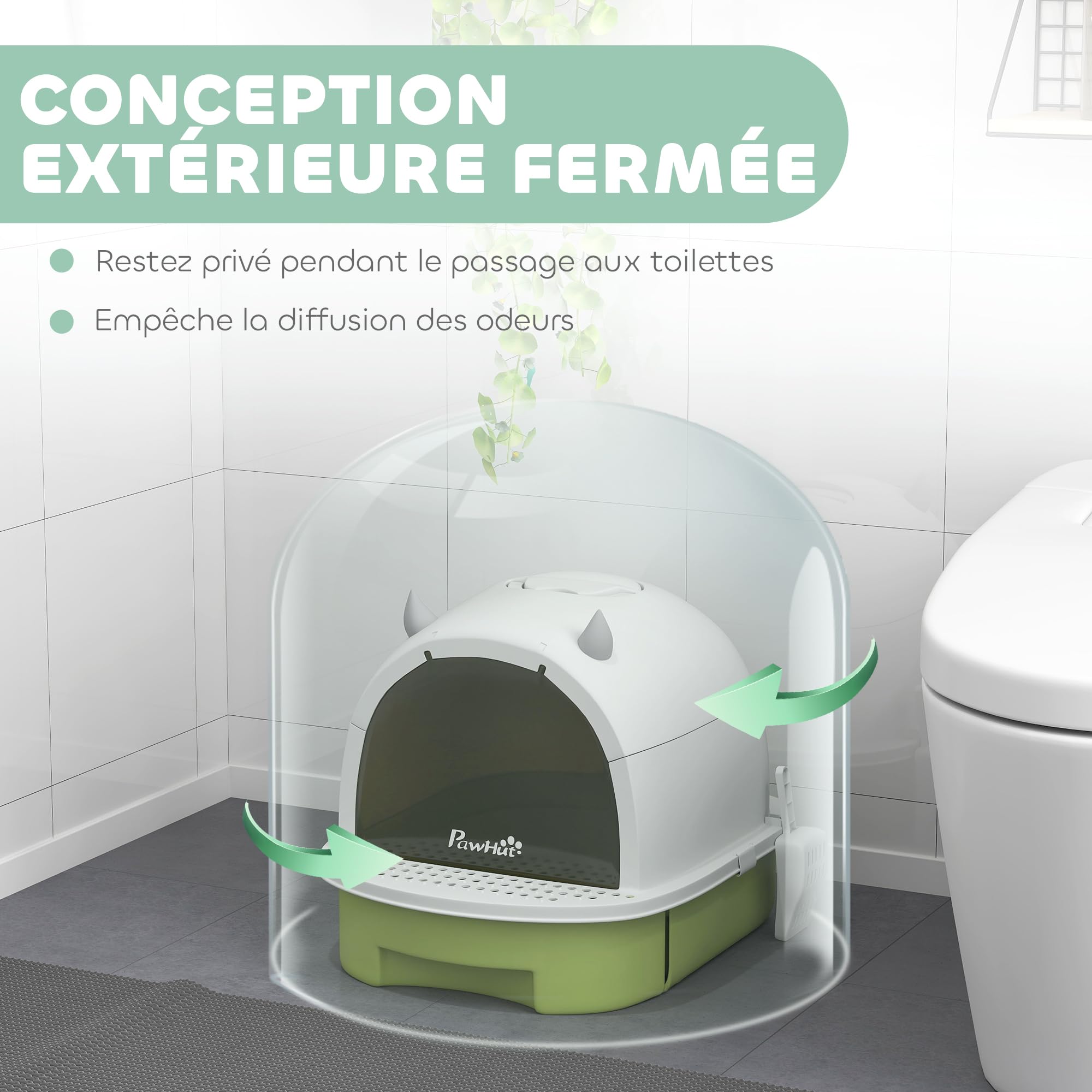 PawHut Maison de toilette pour chat, bac à litière fermé chat, 2 packs de filtres au charbon poignée de transport porte translucide nettoyage facile vert