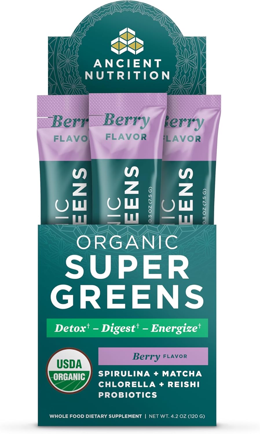 Ancient Nutrition SuperGreens Powder with Probiotics, Organic Berry Flavor Greens, Made from Real Fruits, Vegetables and Herbs, Digestive and Energy Support, 16 Stick Packs, 4.2oz