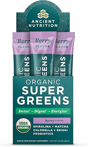 Ancient Nutrition SuperGreens - Polvo con probióticos, verduras orgánicas con sabor a bayas, hecho de frutas reales, verduras y hierbas, soporte