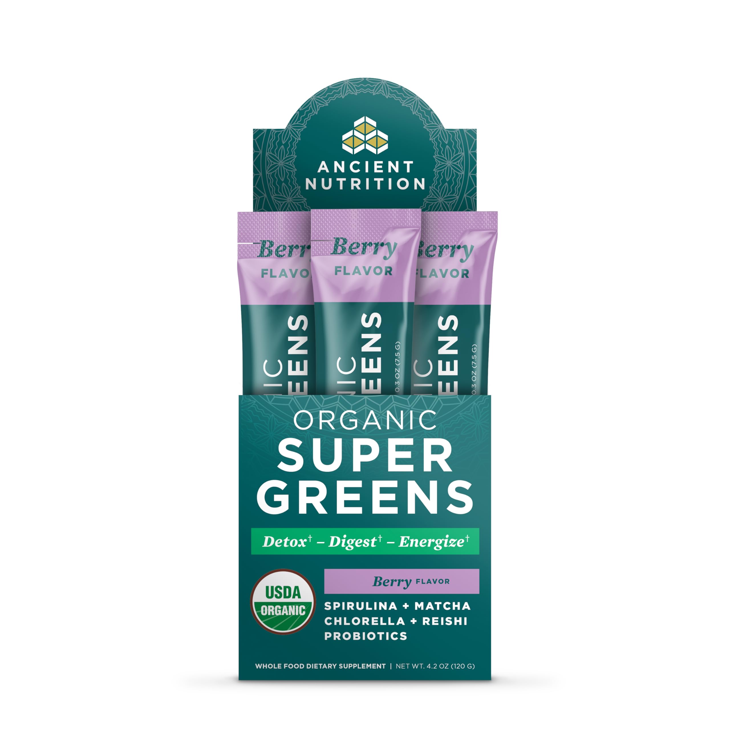 Ancient Nutrition Organic Super Greens Powder, Probiotics, Berry Berry 4.2 Ounce (Pack of 1)