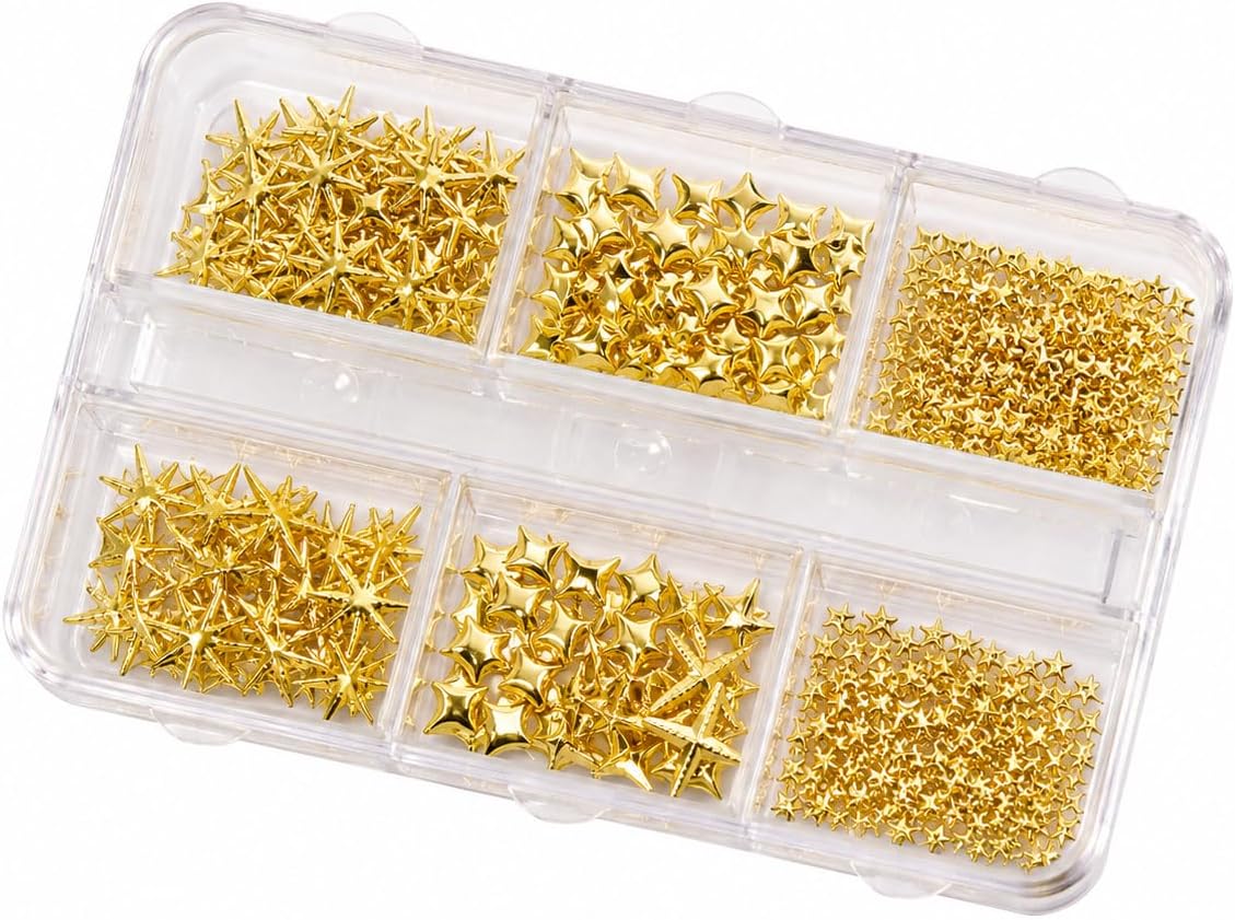 Metal Star Rivet Nail Charms in Silver or Gold 6 Sizes 3-9mm 3D Starlight Studs Storage Box About 200 Pcs for DIY Manicure Decoration (Gold)