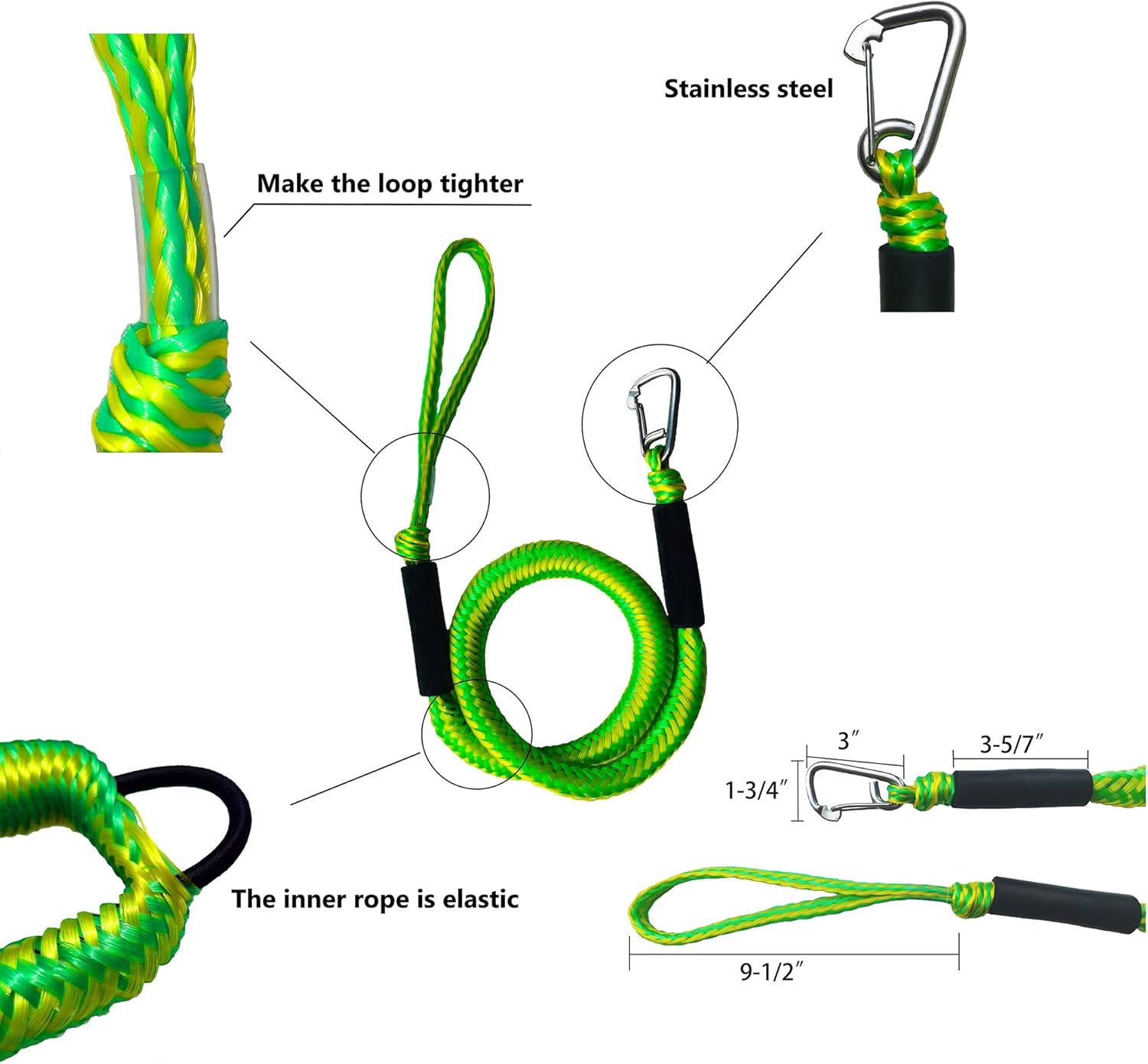 4FT Boat Bungee Dock Line Marine Rope 2-Pack for Docking with 316 Stainless Steel Clip Boat Accessory for Kayak, Pontoon, Watercraft, PWC, Seadoo, Wave Runner, Canoe, Power Boat