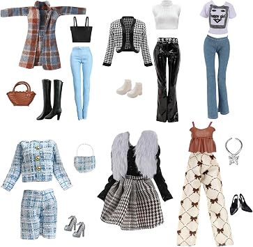 21 Pcs Doll Clothes and Accessories Compatible with Barbie 1 Houndstooth Coat 1 Plaid Coat 4 Top 4 Pants 1 Elegant Plaid Suit 1 Plush Vest Dress 4 Shoes 2 Bag 1 Necklace for 11.5 Inch Dolls Girls Gift
