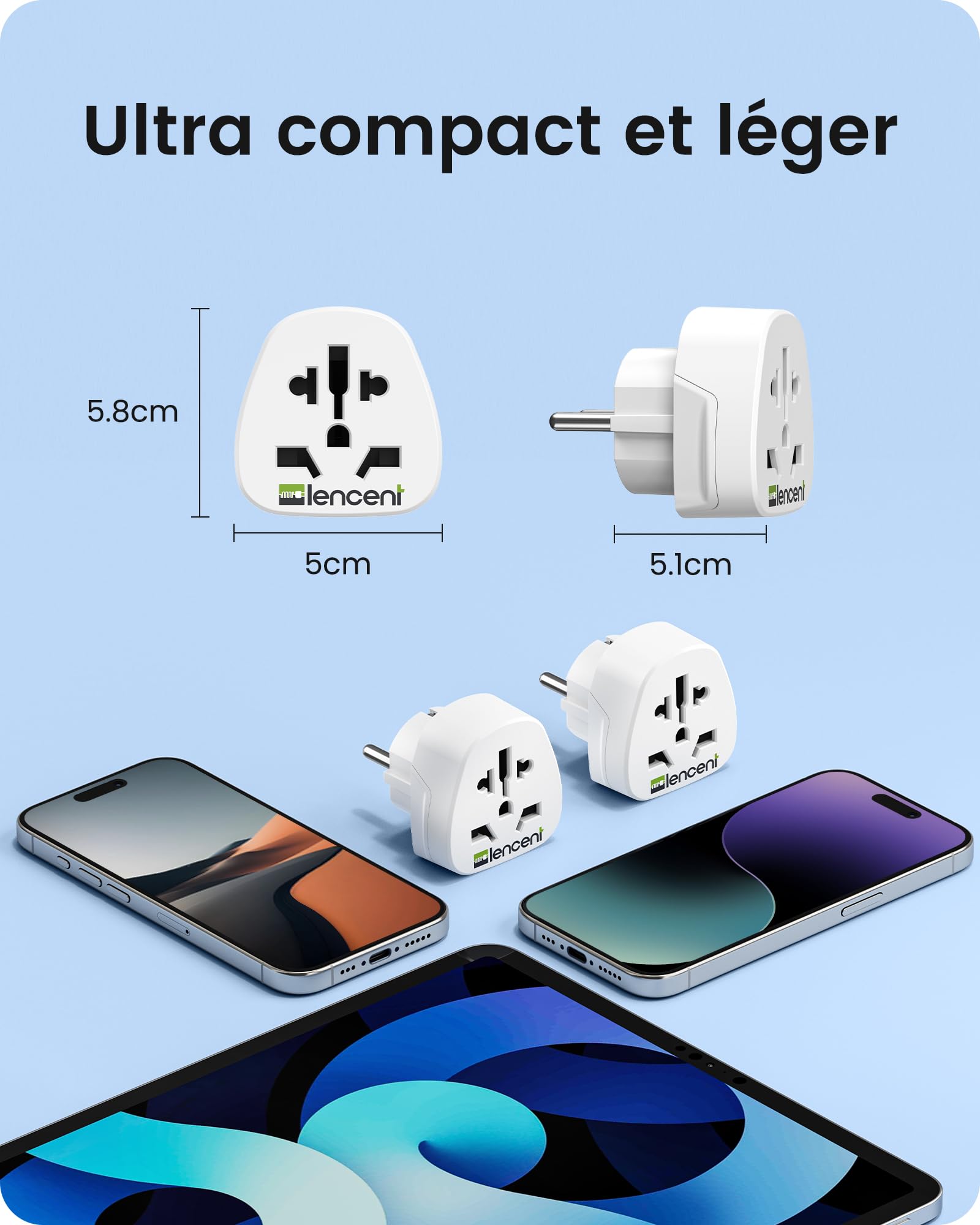LENCENT 2X Adaptateur Universel vers France FR pour la Connexion d'appareils étrangers, par ex. UK Anglaise Angleterre, USA Americaine, Chine, Australie, Japon, Italie, Suisse etc.