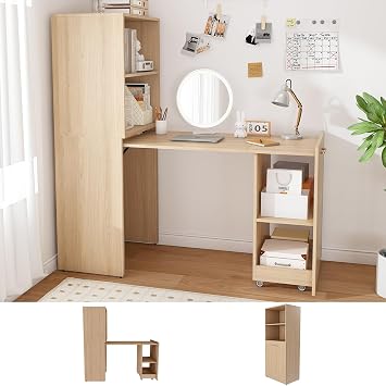 49Folding Office Desk with Storage Shelves and Wheels, Mid Century Modern Fold Out Stretchable Computer Desk for Small Spaces, Home Office, Apartment Natural B