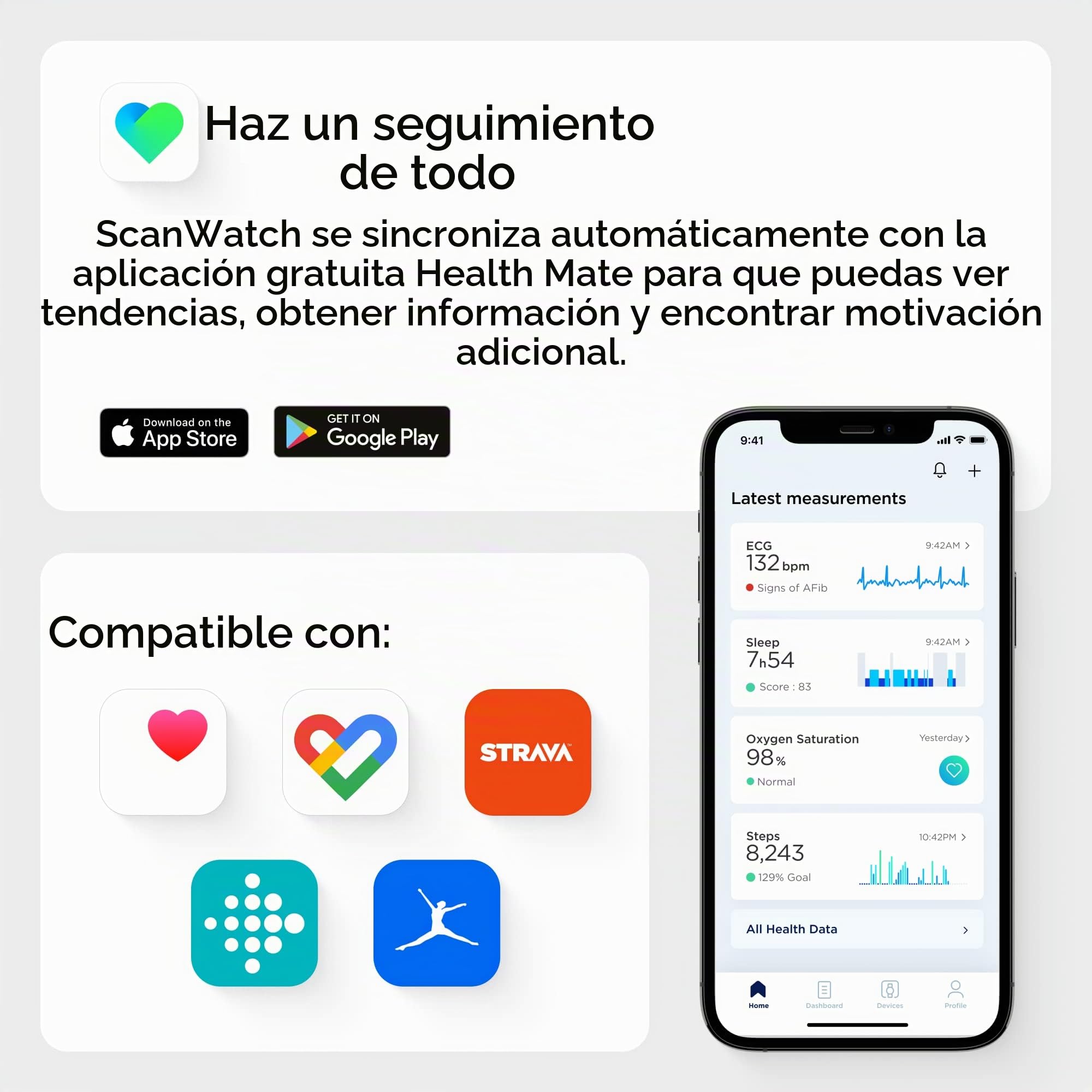 Withings Scanwatch: reloj inteligente deportivo híbrido con ECG, frecuencia cardíaca, SPO2 y rastreador del sueño, podómetro, reloj inteligente con cargador