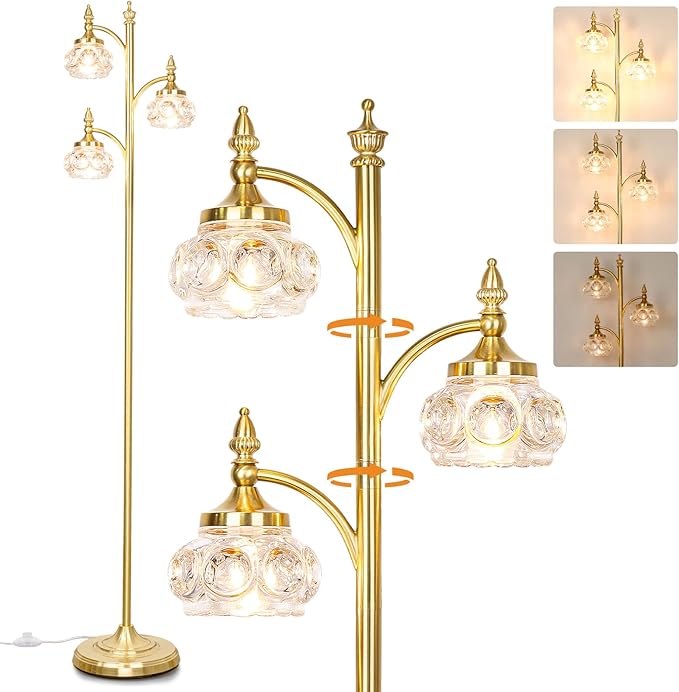 JUNNAI Gold Floor Lamp, Dimmable Tree Floor Lamps for Living Room Brass Tall Standing Lamp with 3 Rotatable Lights Glass Shade 66.5'' Modern Corner Lamp for Bedroom Office(3LED Bulbs Included)
