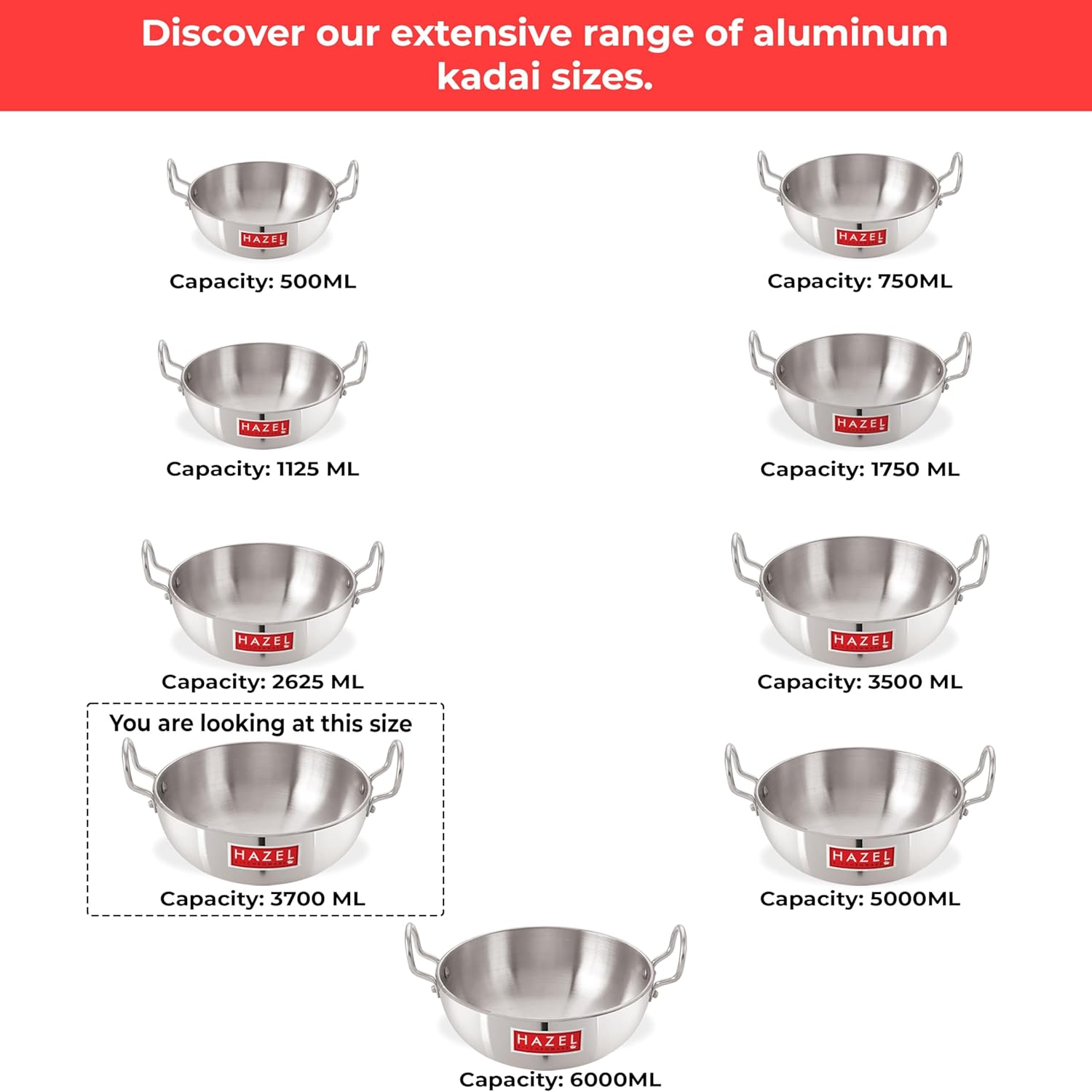 HAZEL Aluminium Cookware with Handle | Cooking Utensil, 4350 ml with 4 mm Thickness, Multipurpose Aluminium Kadai for Deep Frying and Cooking, Silver