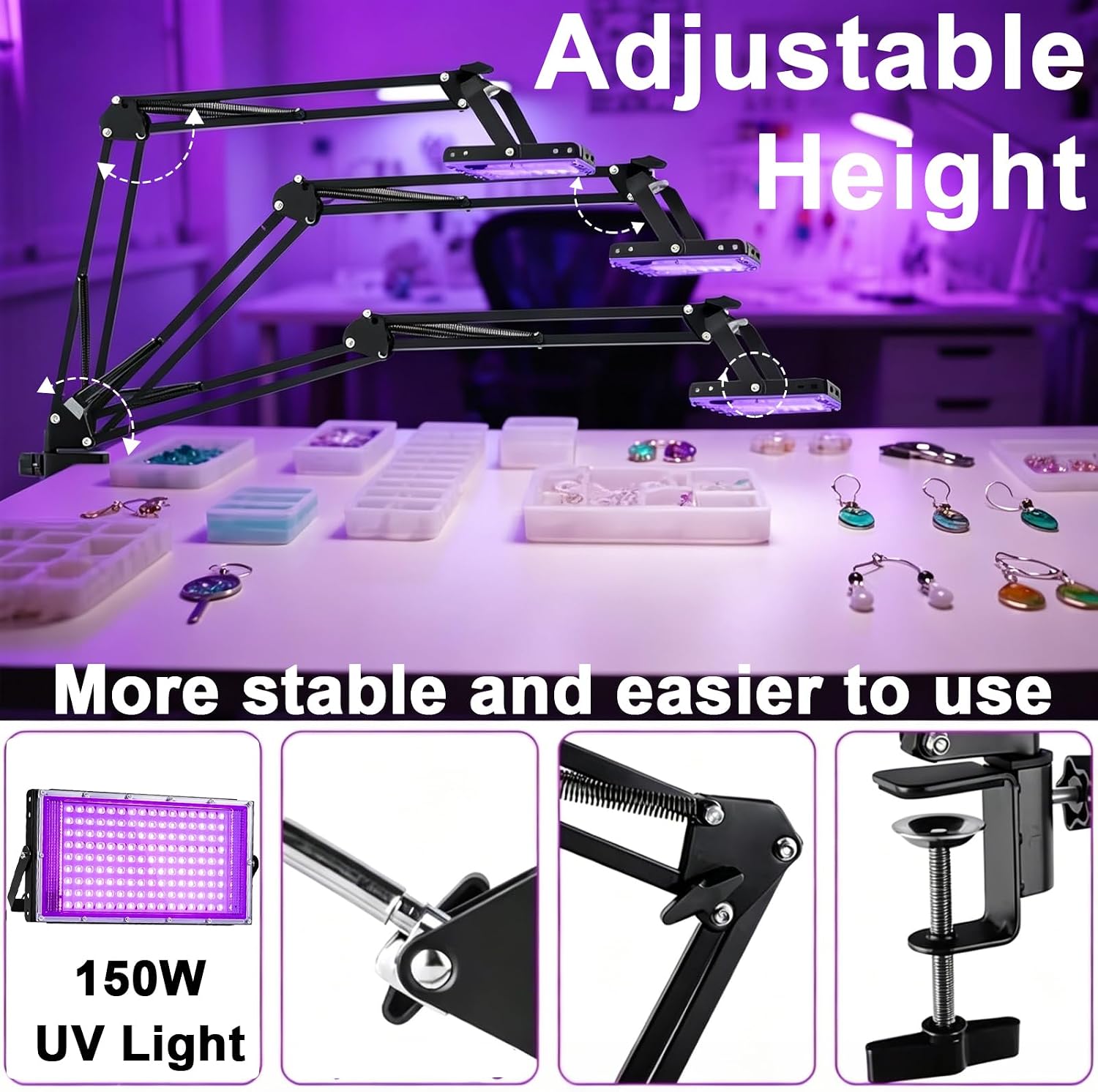 Feghezja 150W LED Exposure Unit UV Screen Printing Light, UV Black Light with Adjustable Stand&Fixing Clamp for Screen Printing, Cyanotypes, Resin, 3D Printer Curing, Jewelry Making Supplies