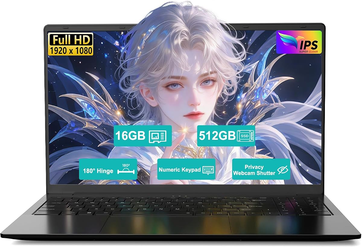 15.6 FHD-Laptop AMD Ryzen 5 (4C/8T), 16GB RAM 512GB SSD, Radeon Vega 8 Graphics, 65W Fast Charging, USB3.0 & Type-C, 2.0MP Camera, Windows 11, Portable Notebook for Students Work Business Home Office