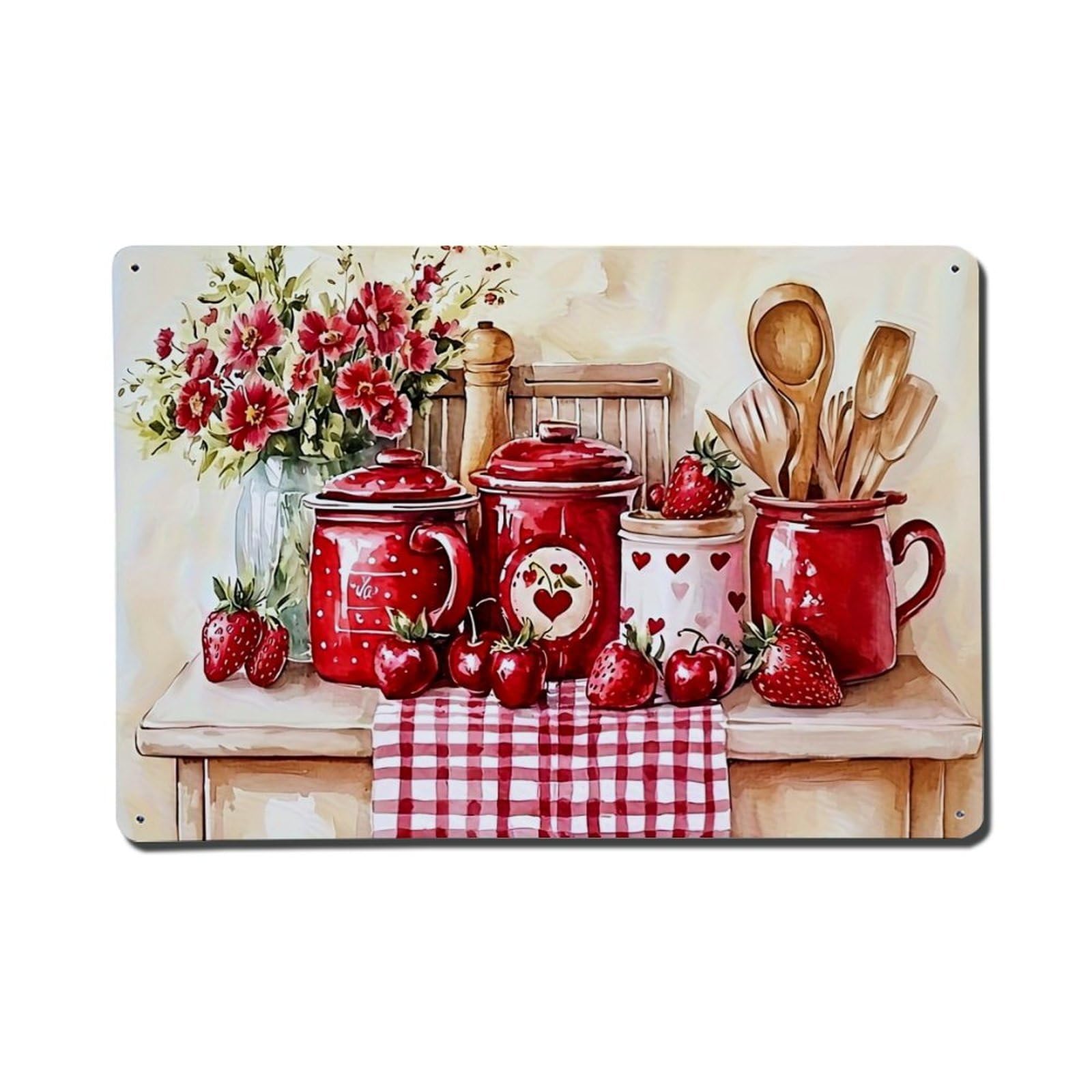 Red Heart Strawberry Pattern Print Retro Metal Tin Sign, Vintage Metal Poster for Home, Gaming Room, Studio Workshop,Bar,Garage Wall Art Decor 8x12 Inch