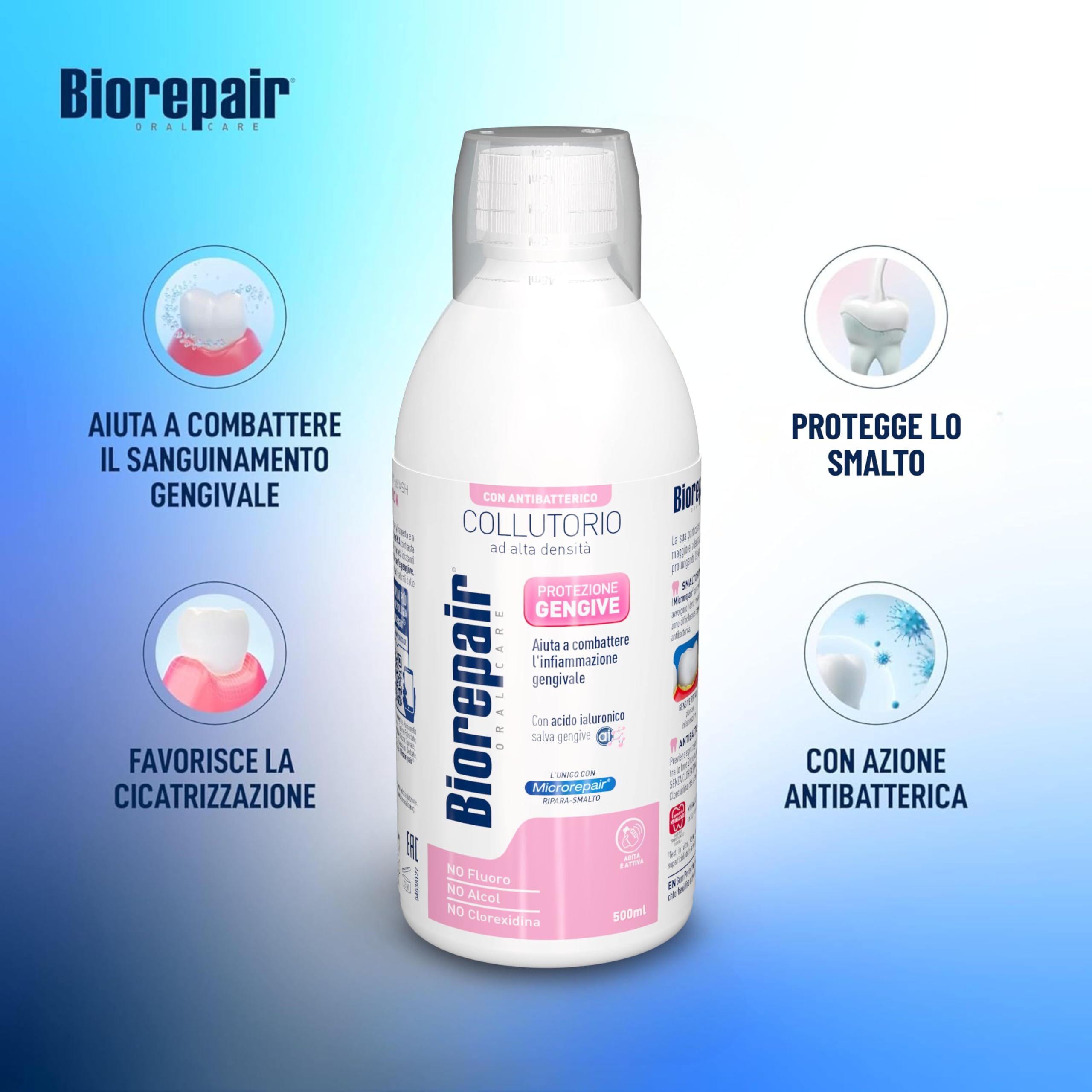 Biorepair, Collutorio ad Alta Densità Protezione Gengive, Aiuta a Combattere L'Infiammazione Gengivale, Con Acido Ialuronico, Microrepair, Zinco PCA, No Fluoro, Senza Alcol e Clorexidina, 6x500ml