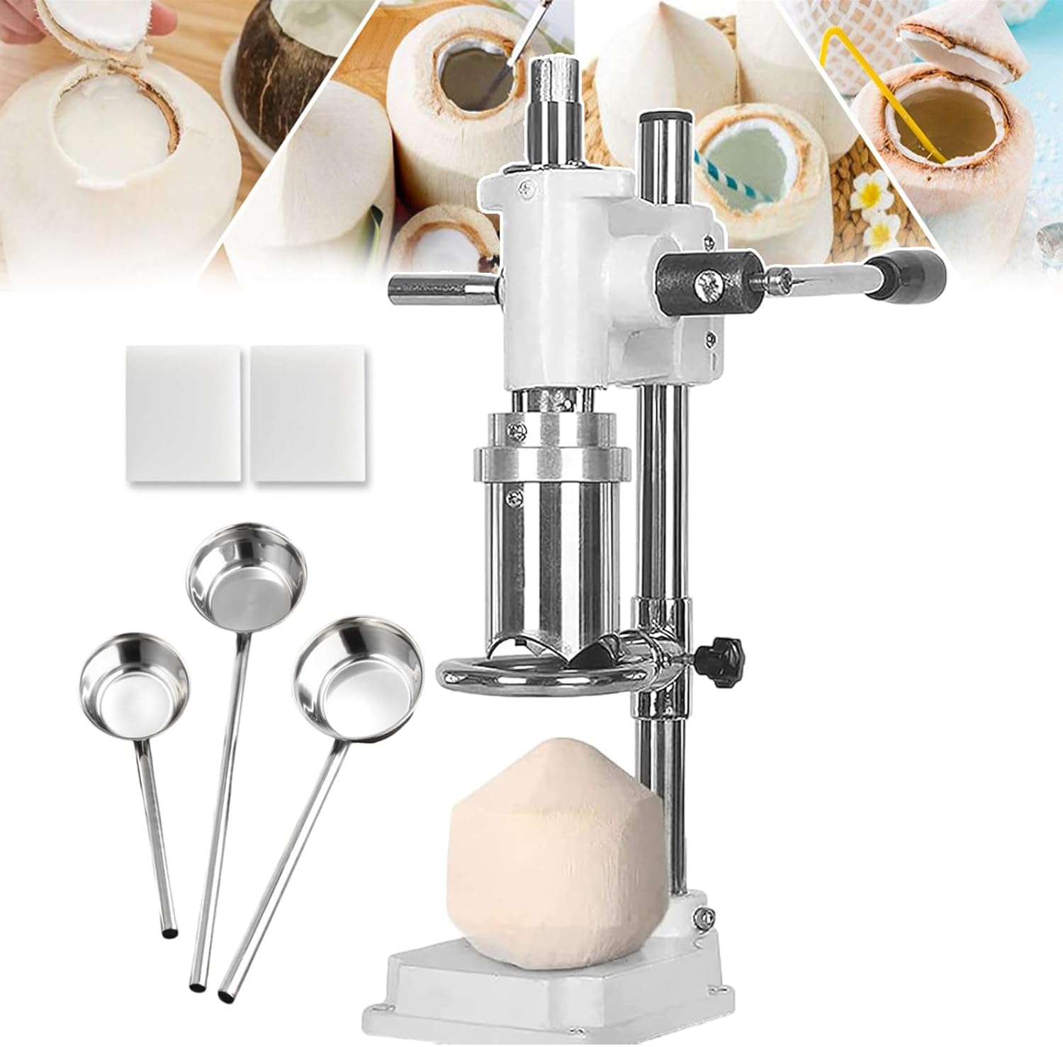 Manual Coconut Hole Opener for Commercial | Stainless Steel Coconut Opener with 6cm/2.36inch Opening Size | Ajustable Height 12.5-14.5cm Desktop Coconut Opening Tool for Fruit Market
