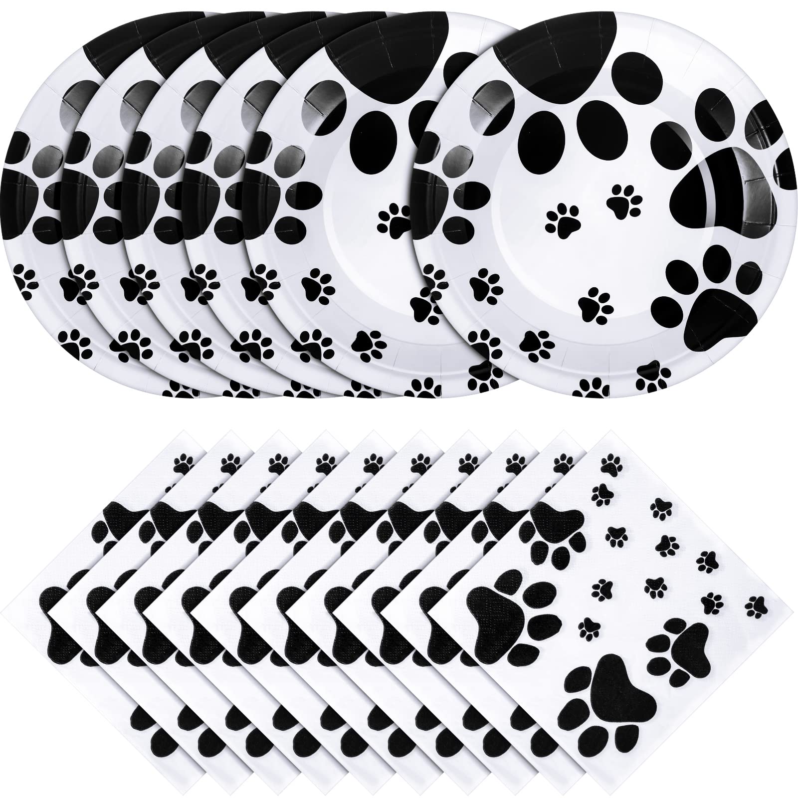 80 Pcs Dog Paw Prints Birthday Party Tableware Supplies 40 Disposable Plates and Napkins Theme Decorations for Kids Baby Shower Puppy 7 Inch, Black/White, 13 x 13 inches