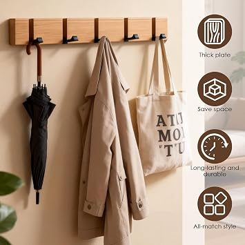 Flip 5-Hook Wall Mounted Coat Rack, Wooden Modern Flip Down for Hanging Hats, Sleek, Wood Heavy Duty Entryway Wall Hangers for Hanging Towels, Clothes, Bags, Scarfs, Natural, Natur