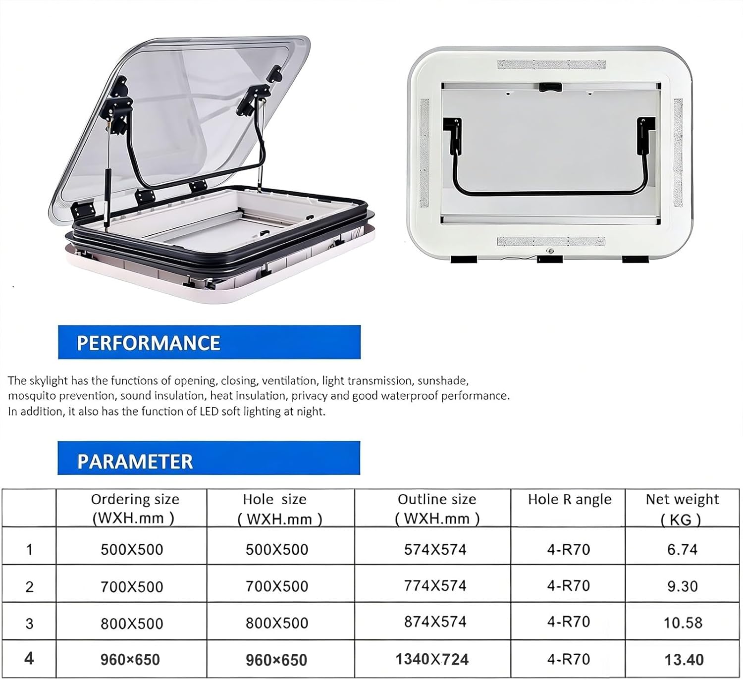 RV Caravan Roof Vent, Rv Sunroof Large Caravan Camper Roof Window Vent Kit w/LED Lights, Caravan Vent Window, Universal RV Motorhome Skylight Roof Vent Hatch with Net(800 * 500mm (31.5 * 19.7in))