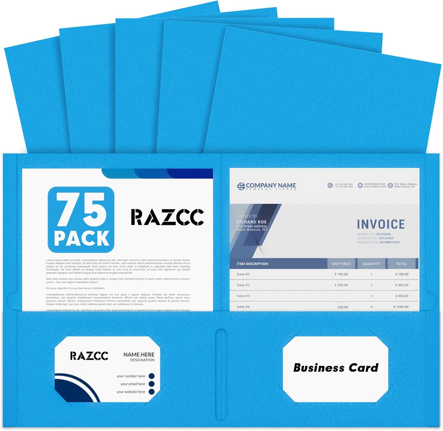 Two Pocket Folders, RAZCC 75 Pack 2 Pocket Folders Fit Letter Size Paper, Paper Folders with Pockets for School Office Business Home (Blue)