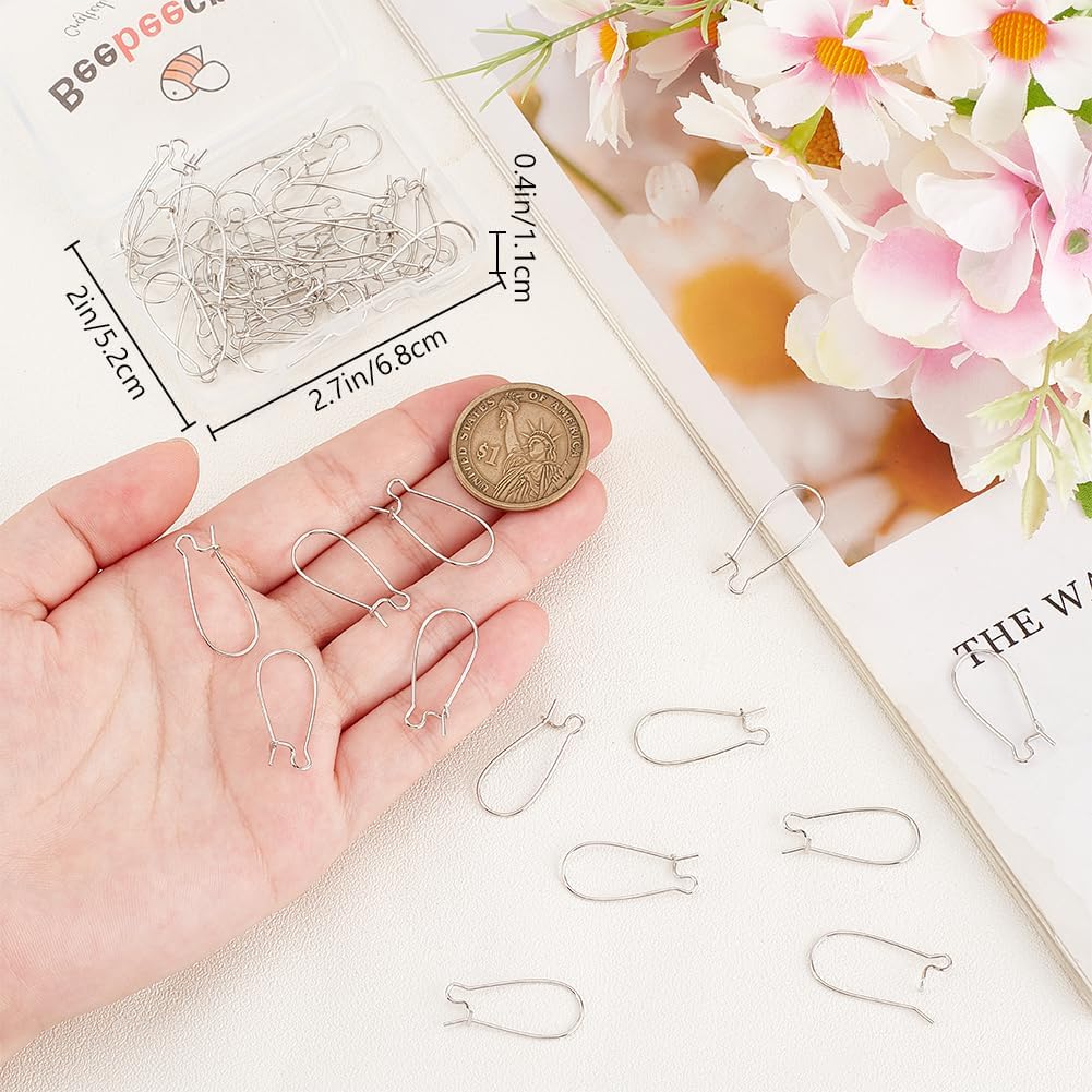 Beebeecraft 1 Box 50Pcs Hoop Earring Findings Platinum Plated Brass Kidney Ear Wire Oval Hoops for Dangle Earring Making Beading Women