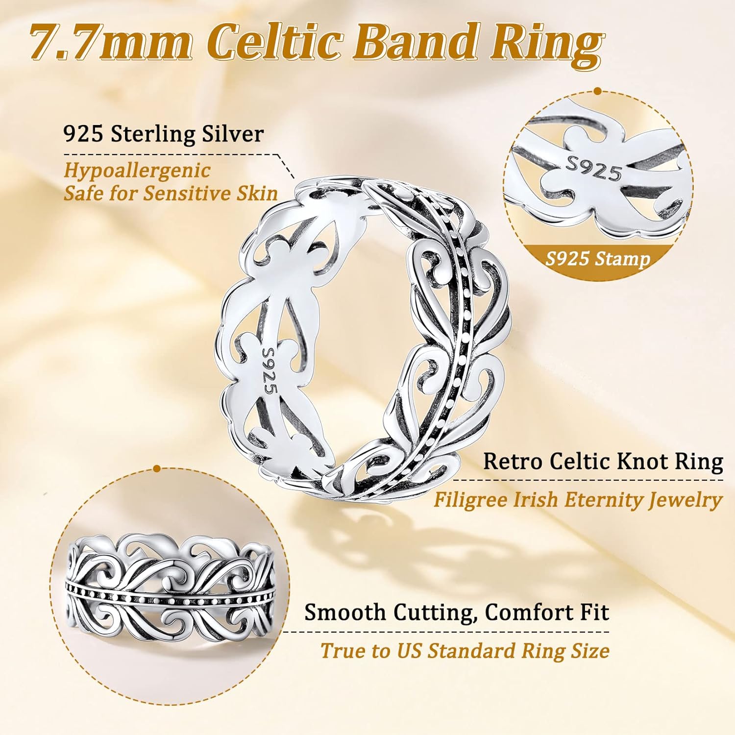 Suplight S925 Sterling Silver Celtic Knot/Evil Eye/Infinity Symbol Band Ring, 2/3/5/8mm Vintage Finger Thumb Ring for Women Size 4-13 (with Gift Box)