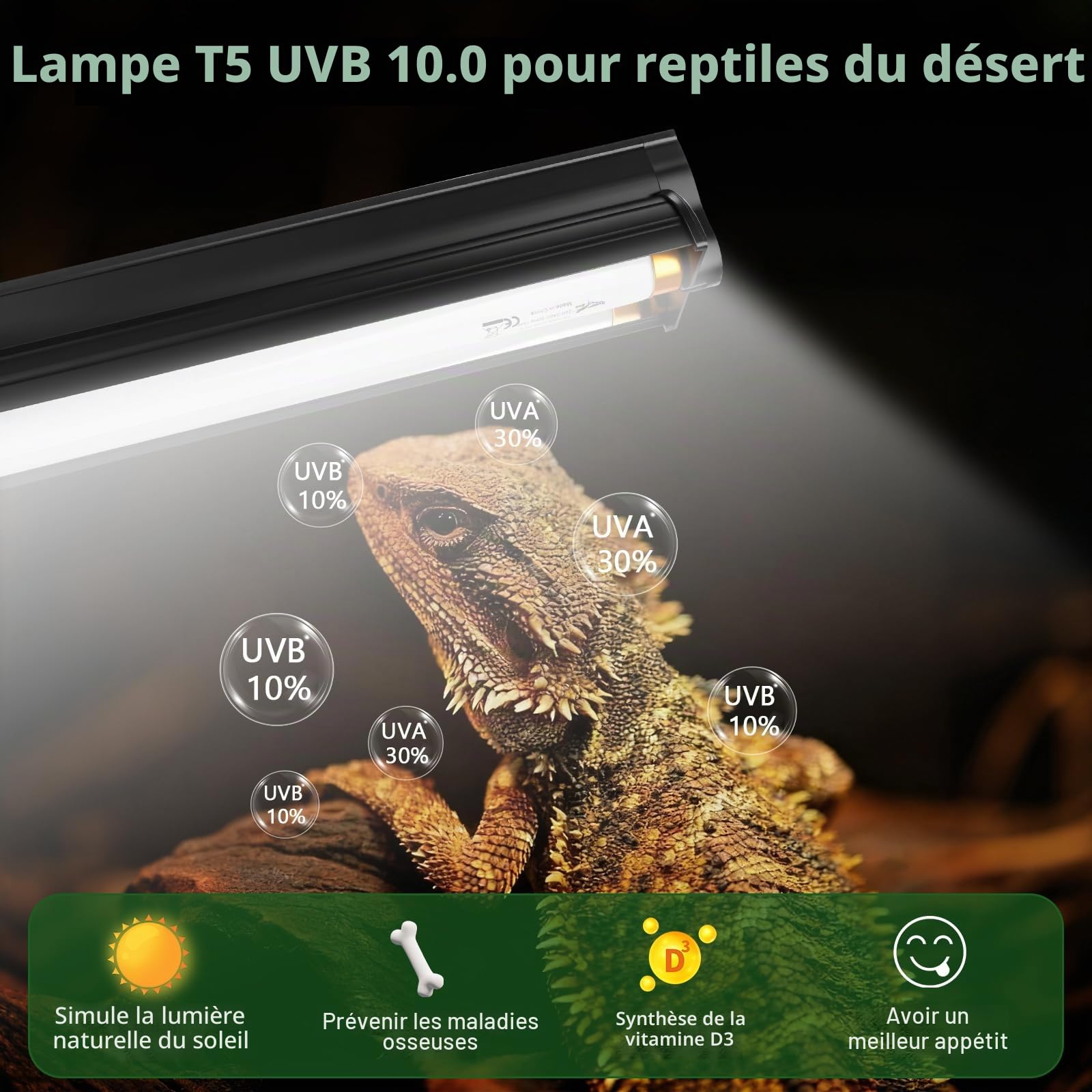 24W UVB lamp terrarium lumière T5 Lampe UVB 10.0 22" Kit combo d'éclairage | HO 10% UVB & 30% UVA UVB Light avec barre de lumière de désert reptile lampe UVB pour tortue dragon barbue léopard gecko tank