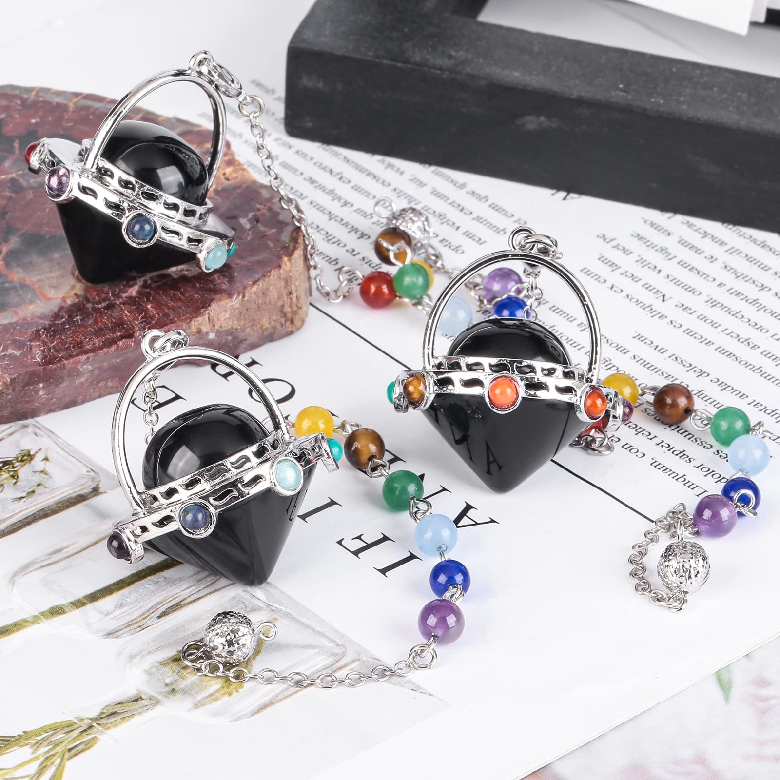 Mookaitedecor - Colgante de péndulo con punta de cristal cónica, de piedras de los 7 chakra con cadena para la radiestesia y la mediación, obsidiana negra