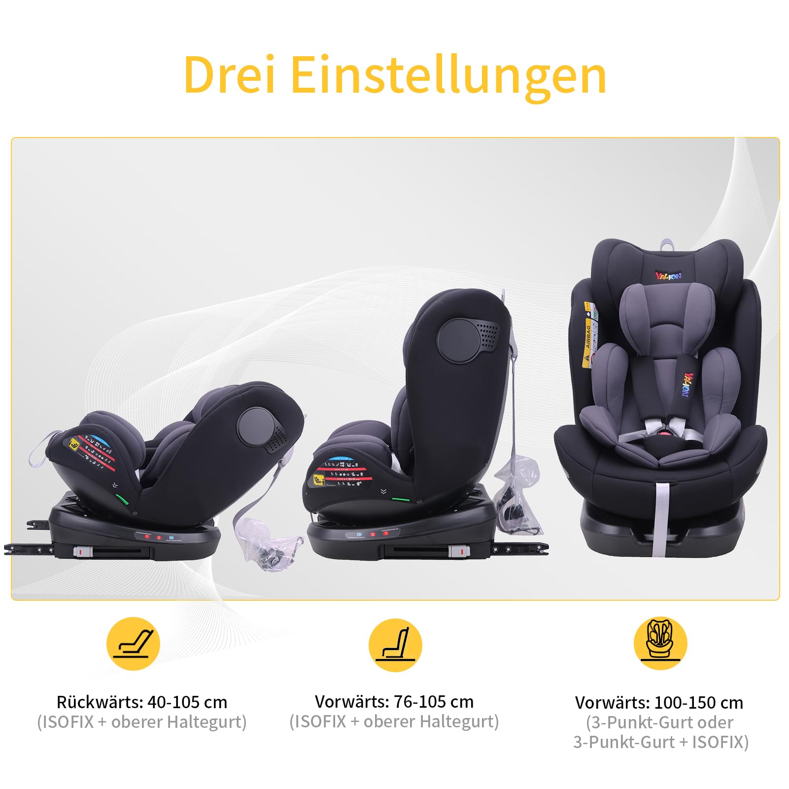 YALION i-Size Kindersitz (0-36 kg) mit 360° Drehung, ISOFIX & Top Tether | Für Kinder 40-150 cm (0-12 Jahre)-Grey