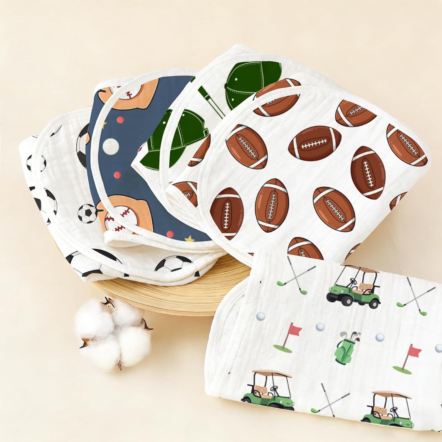 5pcs Sports Ball Burp Cloths for Baby Boys Girls Parent,100% Cotton Football Baseball Soccer Golf Themed Burp Rags,Muslin Burping Cloths Absorbent Spit-Up Cloths for Infant Newborns