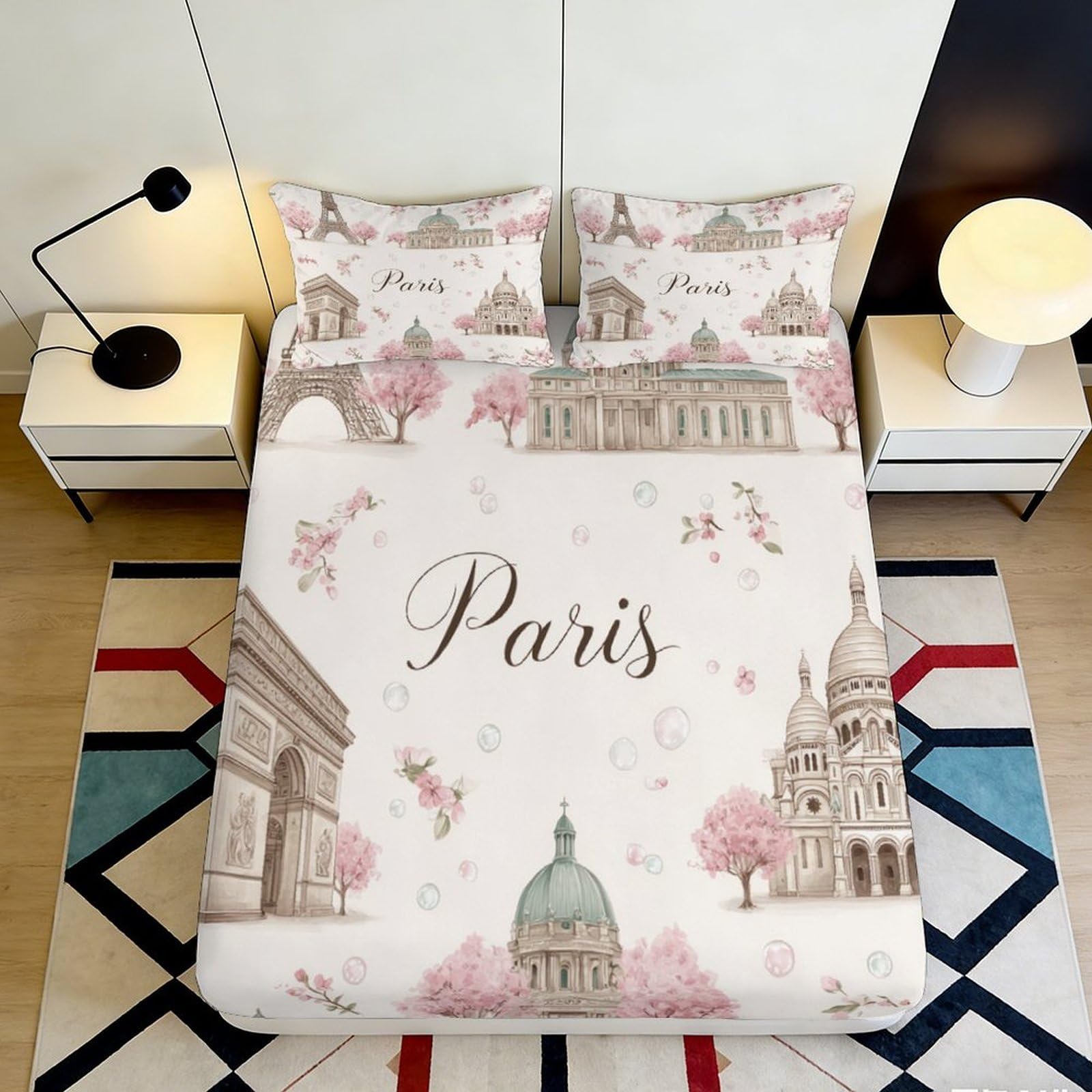 Pnayamiorkfel Style-6 3D Printed Paris Landmark Fitted Sheet Microfiber Mattress Cover Pink Cityscape Decorative Bed Sheet For Bedroom Guest Room 90X200x25cm