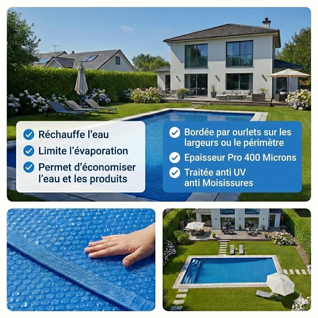 Bâche Solaire Premium 800x400 cm, Rectangulaire, Bordée Largeurs, 400 Microns, Bleu, Couverture Piscine, 8x4m, Polyéthylène à Bulles, EDG Premium