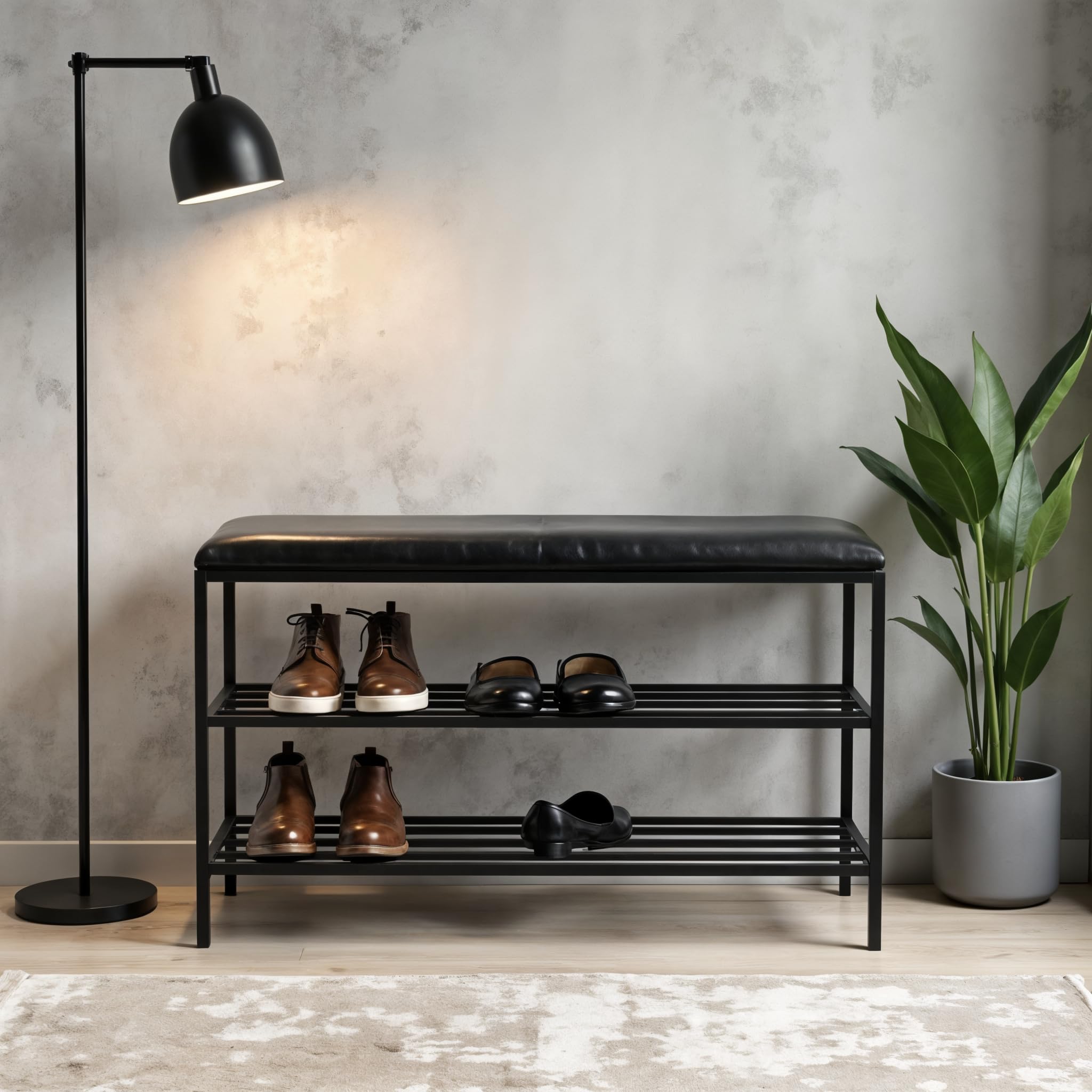 Ławka na Buty z Siedziskiem - Stojak na Buty - 75x30x55cm - z Metalu, 2 półki, bez Montażu - Ławka do Przedpokoju POSTO Czarny z Czarnym Siedziskiem ze Sztucznej Skóry, 15mm Metalowa Rama