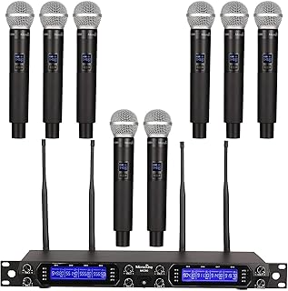MicrocKing Kabelloses Mikrofonsystem, 8 Kanäle UHF schnurlose dynamische Handmikrofone, Lange Reichweite 122 m, automatische Verbindung, ideal für Karaoke-Party, Hochzeit, Rede und Veranstaltungen im