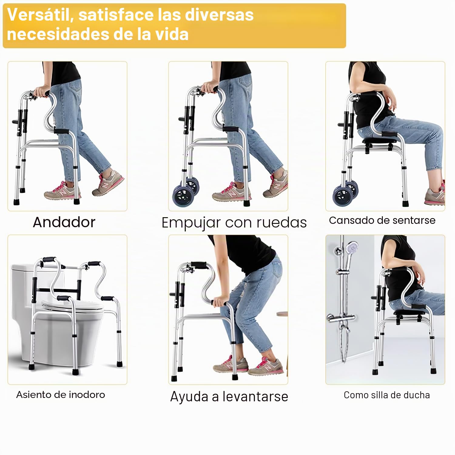Eulenke Andador para personas mayores, caballete plegable con 2 ruedas, altura regulable, aluminio, antideslizante, estable, hasta 180 kg, color plateado