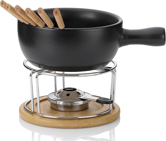 kela Käsefondue Set 10tlg, Keramik Fondue für 6 Personen NATURA, Käse Fondueset mit Brennpastenhalter, Gabeln, Gabelhalter