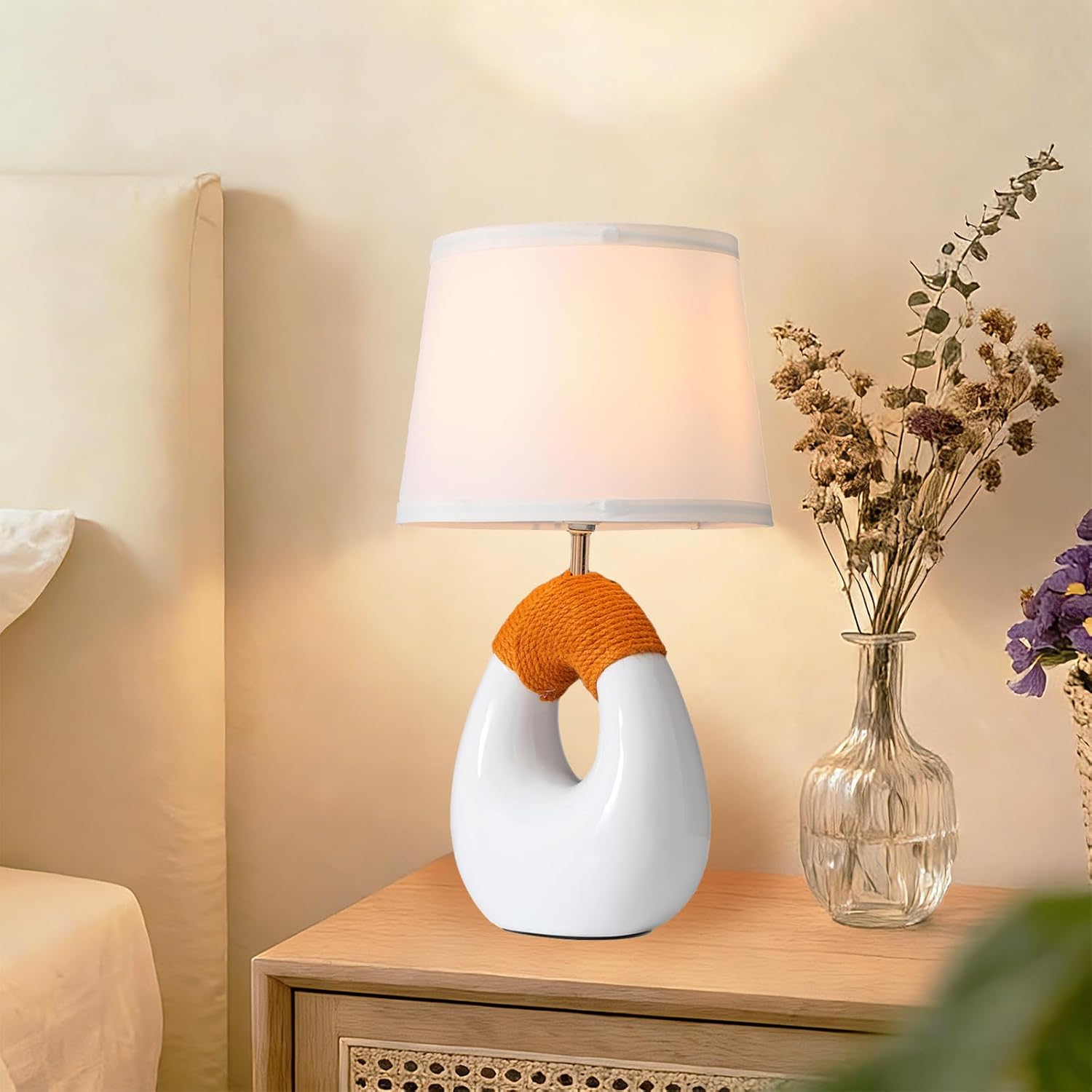 SOTTAE 16” Boho Table Lamps Living Room Bedroom,Rattan Bohemian Ceramic Base,Farmhouse Desk Lamp Rustic Egg Design Nightstand Bedside Lamps for Bedroom Living Room Office Study