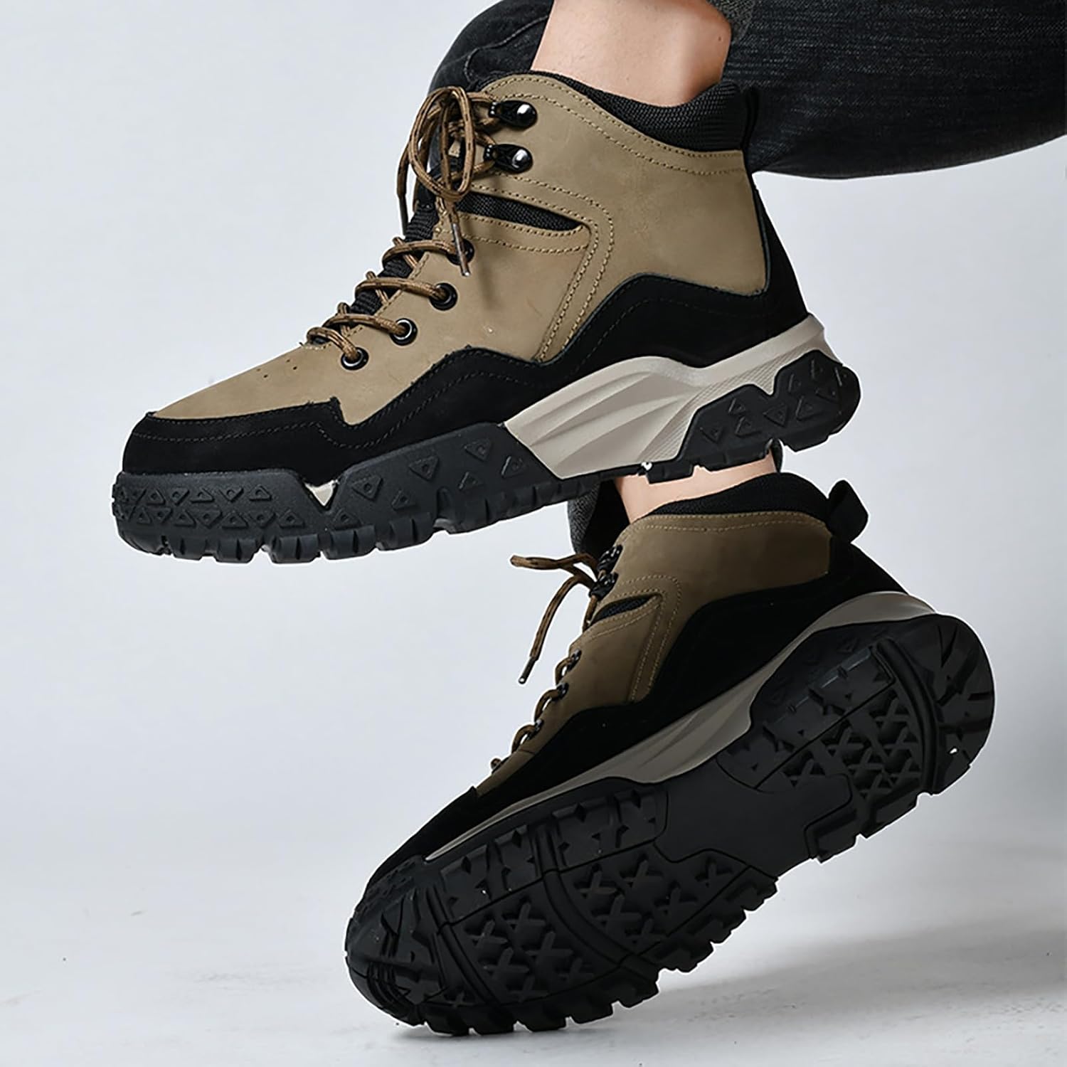 Men'S Leather Lace-Up Platform Hiking Boots Fashion Lightweight Breathable Round Toe Outdoor Trekking Ankle Boots For Backpacking Trekking