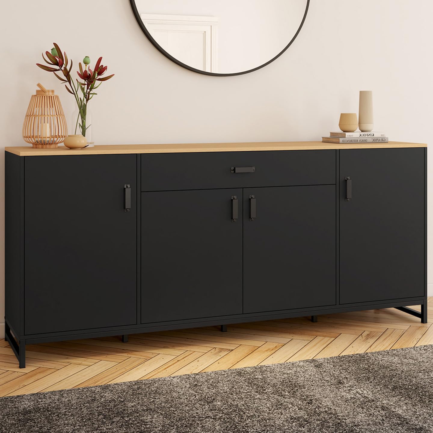 IDMarket - Aparador Washington XXL de 180 cm con 4 puertas y 1 cajón, madera y negro
