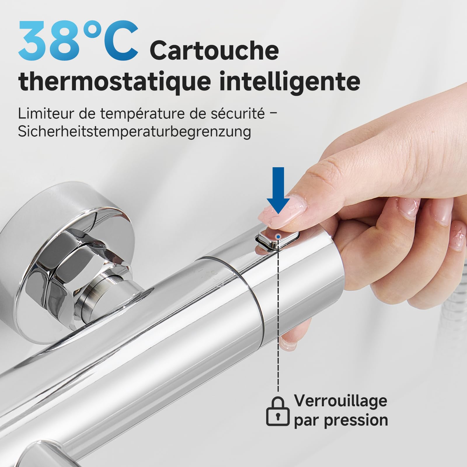 Auralum Mitigeur Douche Thermostatique - Robinet Thermostatique de Douche en Inox 304 avec Verrouillage 38°C - Anti-brûlure - 2 Fonctions pour Bain et Baignoire - Contrôle de la température - Chromé
