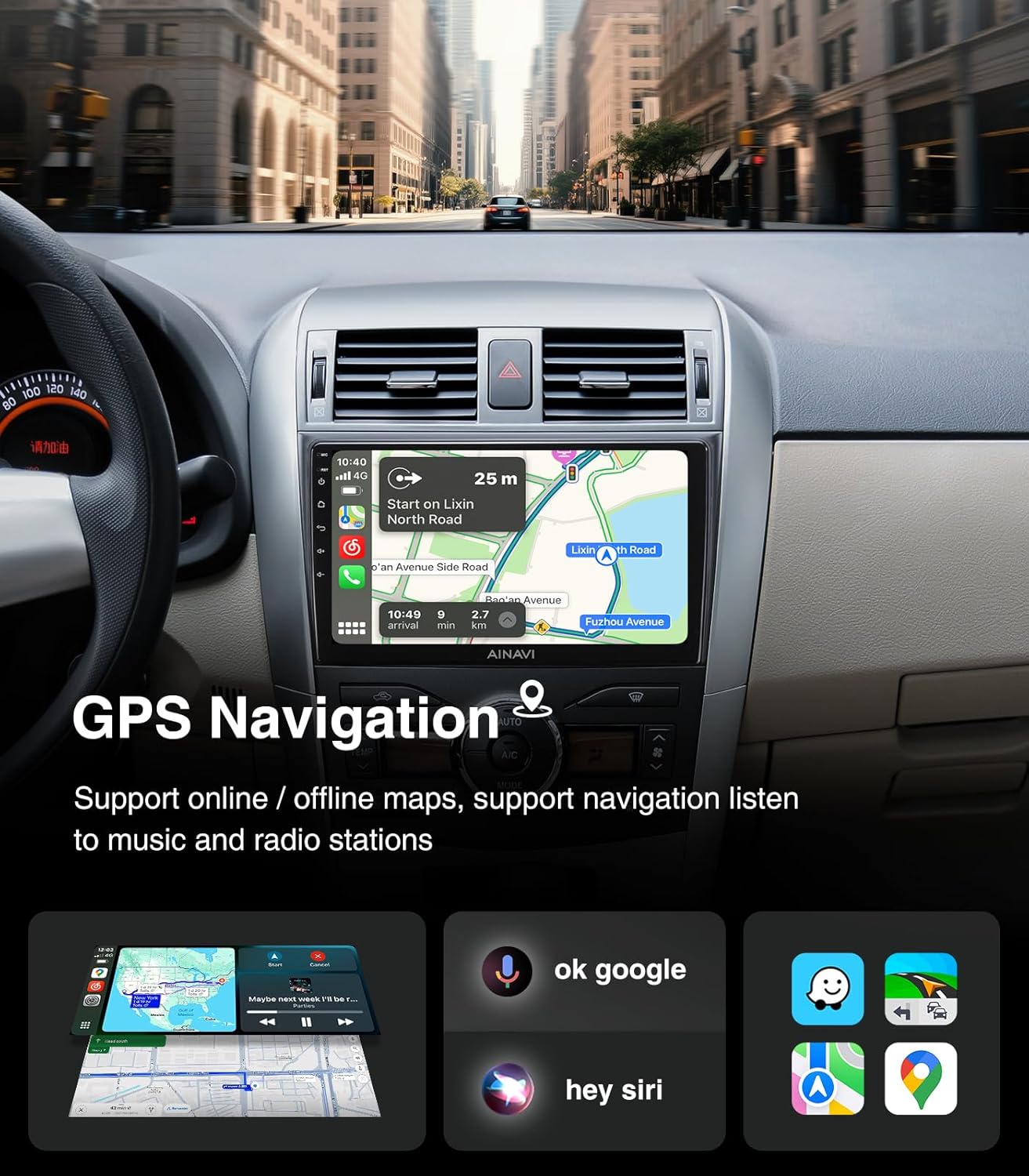 AINAVI car stereo displaying GPS navigation with map and route information.