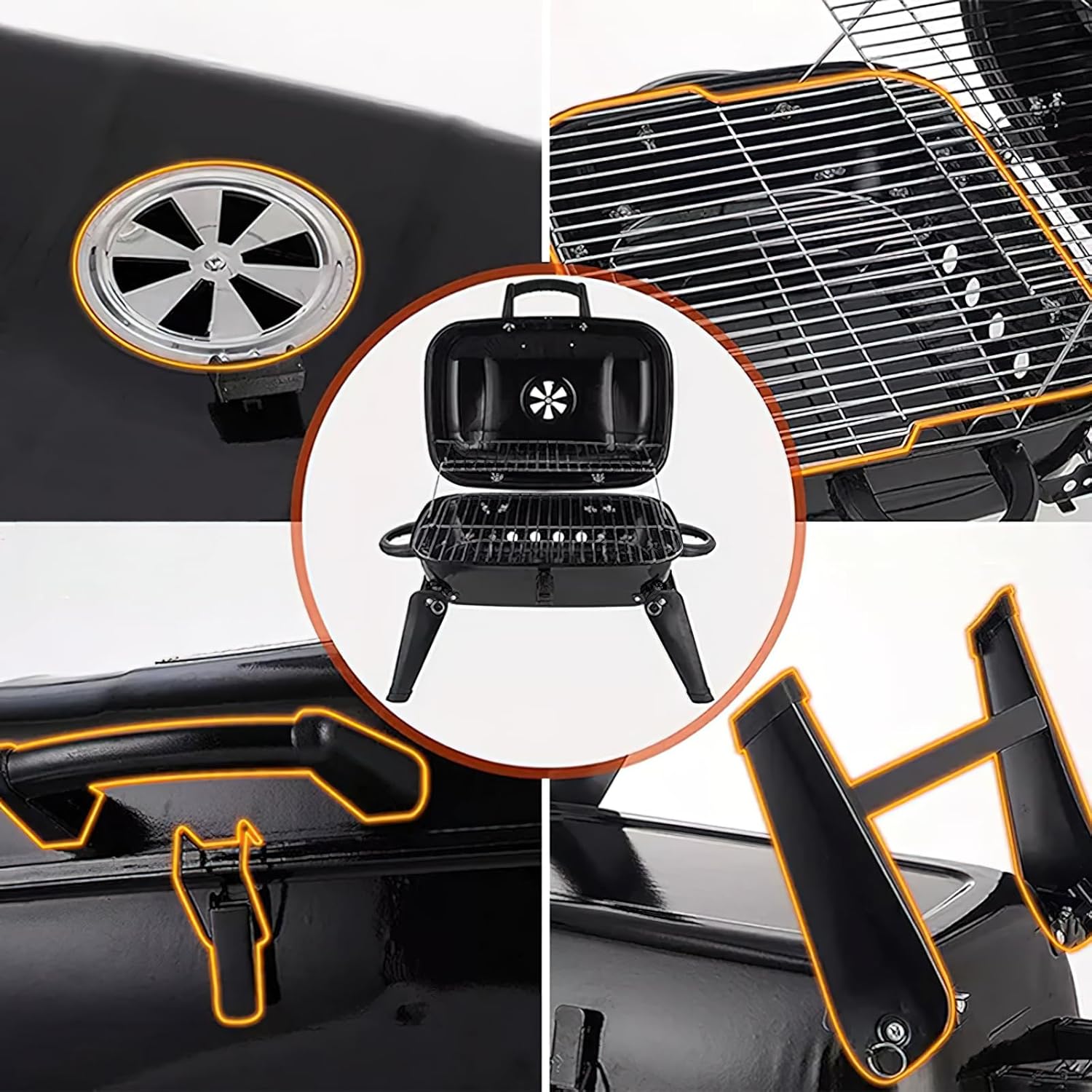 Portable Charcoal Grill, Folding BBQ Grill with Double Barbecue Method, Black Outdoor Camping Grill with Built-in Ventilation, Smokehouse Function