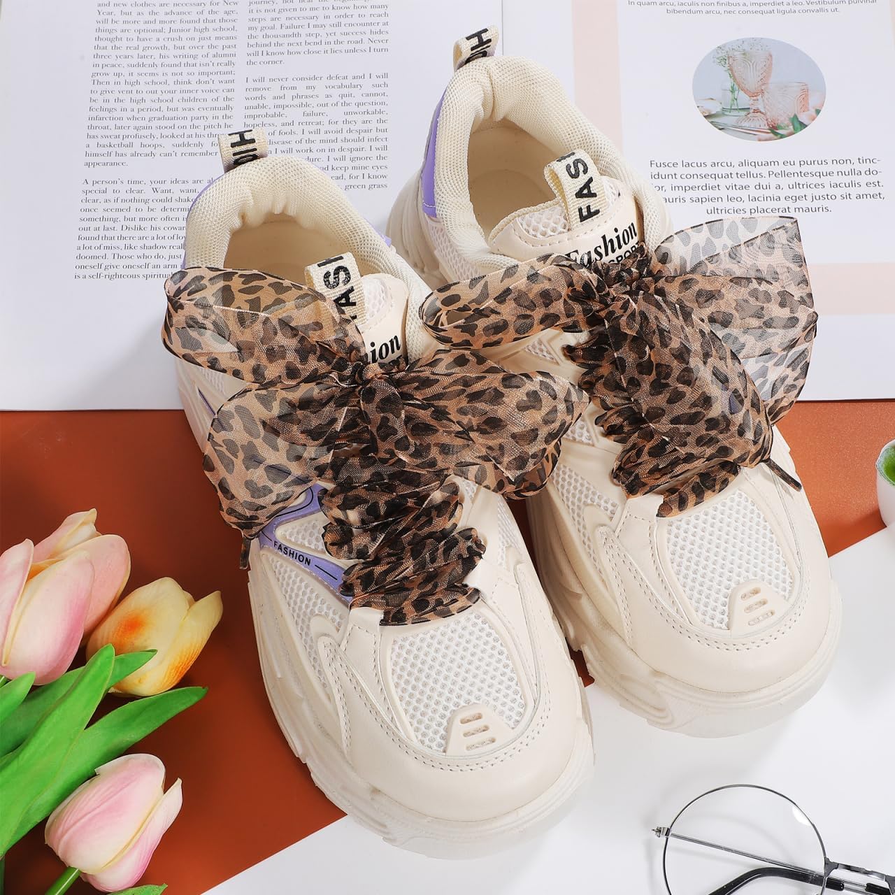 LIFKOME 2pcs Leopard Print Shoelaces Ribbon Shoe Laces Silk Satin Shoelaces Wide Flat Shoestrings Cheetah Shoe Laces Sneaker Boot Replacement