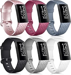 6 Pack Sport Bands Compatible with Fitbit Charge 4 Bands/Fitbit Charge 3 Bands, Classic Soft Silicone Replacement Wristbands Straps for Fitbit Charge 4 / Charge 3 / Charge 3 SE (Rose Gold/Black/Gray/Wine Red/White/Blue Gray, Small)