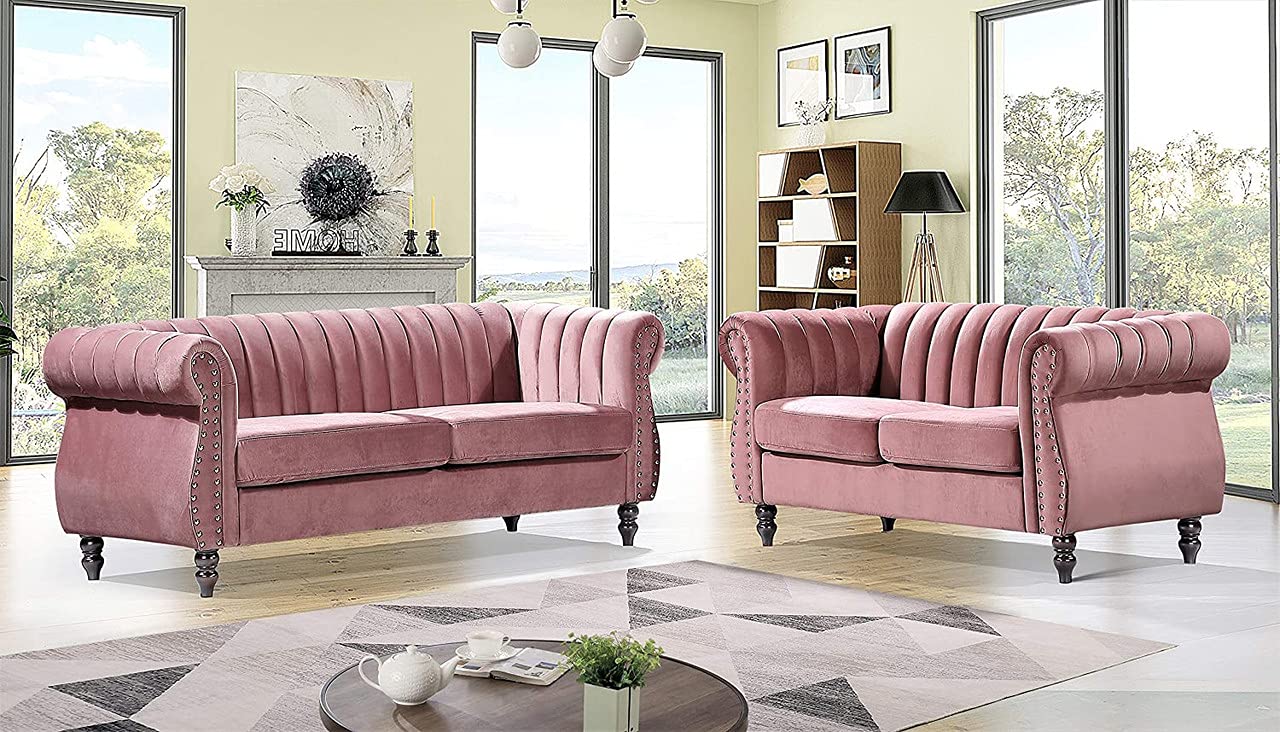 Homax. SF130 Solid Sal Wood Suede Velvet Upholstered Sofa Set 5 Seater Button Tufted Chesterfield Sofa Set 3 Seater and 2 Seater for Living Room Furniture, Pink Color-image-42