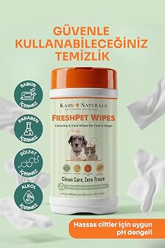 Kahu Naturals Pati, Tüy, Vücut Temizleme Mendili, Kedi ve Köpek, Doğada Çözünür, Aloe Vera, Vitamin E ve B5, Yulaf Proteini, 40 Adet