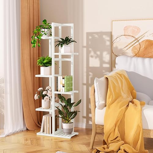 Miniatura 4 de Soporte para plantas de bambú de 6 niveles para interiores, soporte alto de madera para flores, estante de esquina para múltiples plantas (blanco)