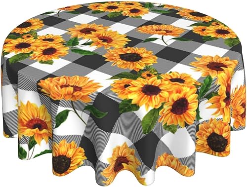 Mantel redondo de girasol de 60 pulgadas con diseño de flores de primavera y verano, color negro, a cuadros, amarillo, floral, decorativo, a prueba